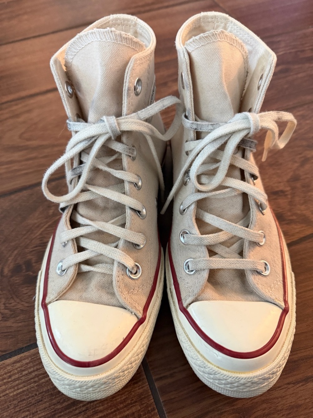 Converse High-Top Canvas Sneakers in Beige with Red Trim